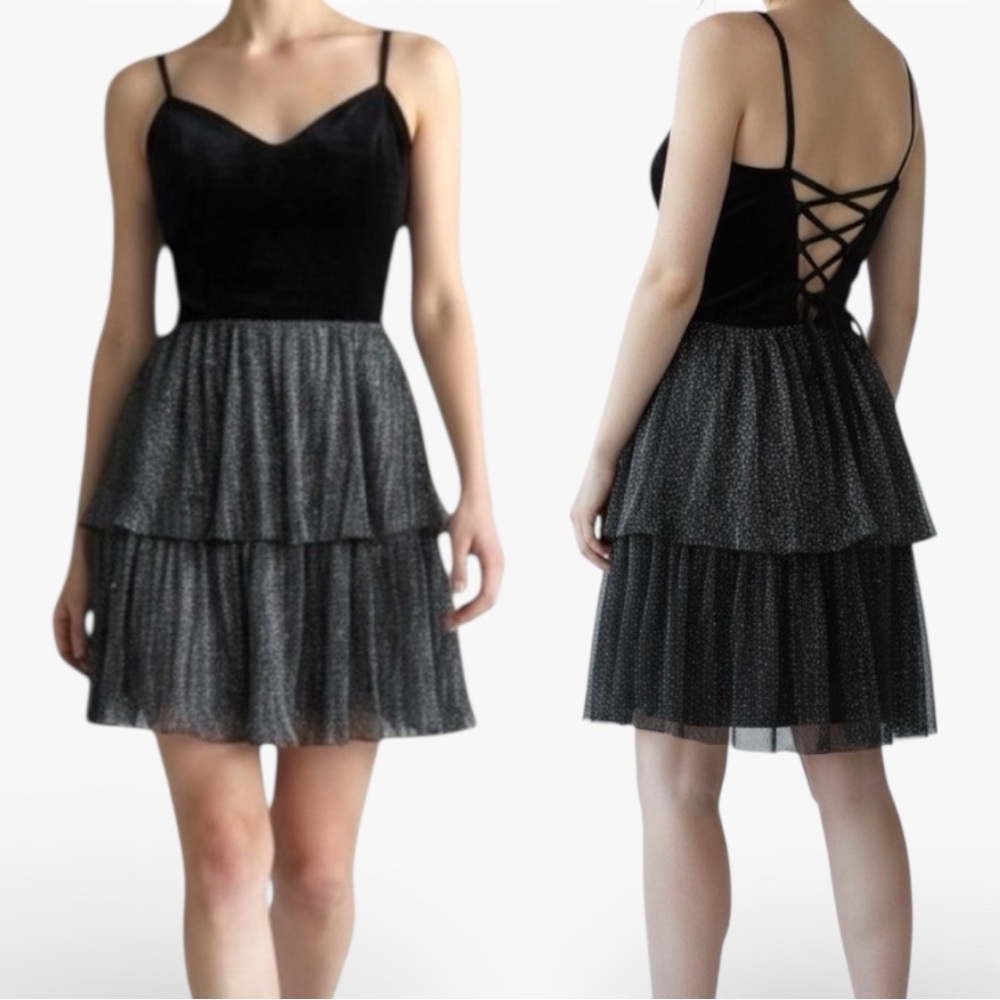 NWT City Studio Black Silver Tiered Metallic Whimsigoth Cocktail Dress Size 7/8